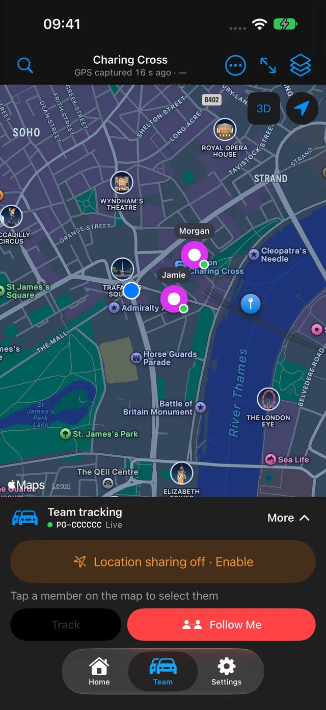 Current PatrolGrid iPhone team map with three fictional members and a shared meeting point.